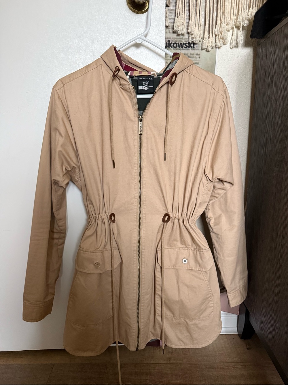 DROPDEAD Hooded Tan Trench Coat with Drawcord Waist